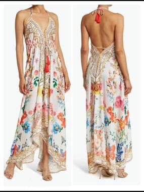 Ranees White Floral Halter High-Low Maxi Dress with Red Tassel